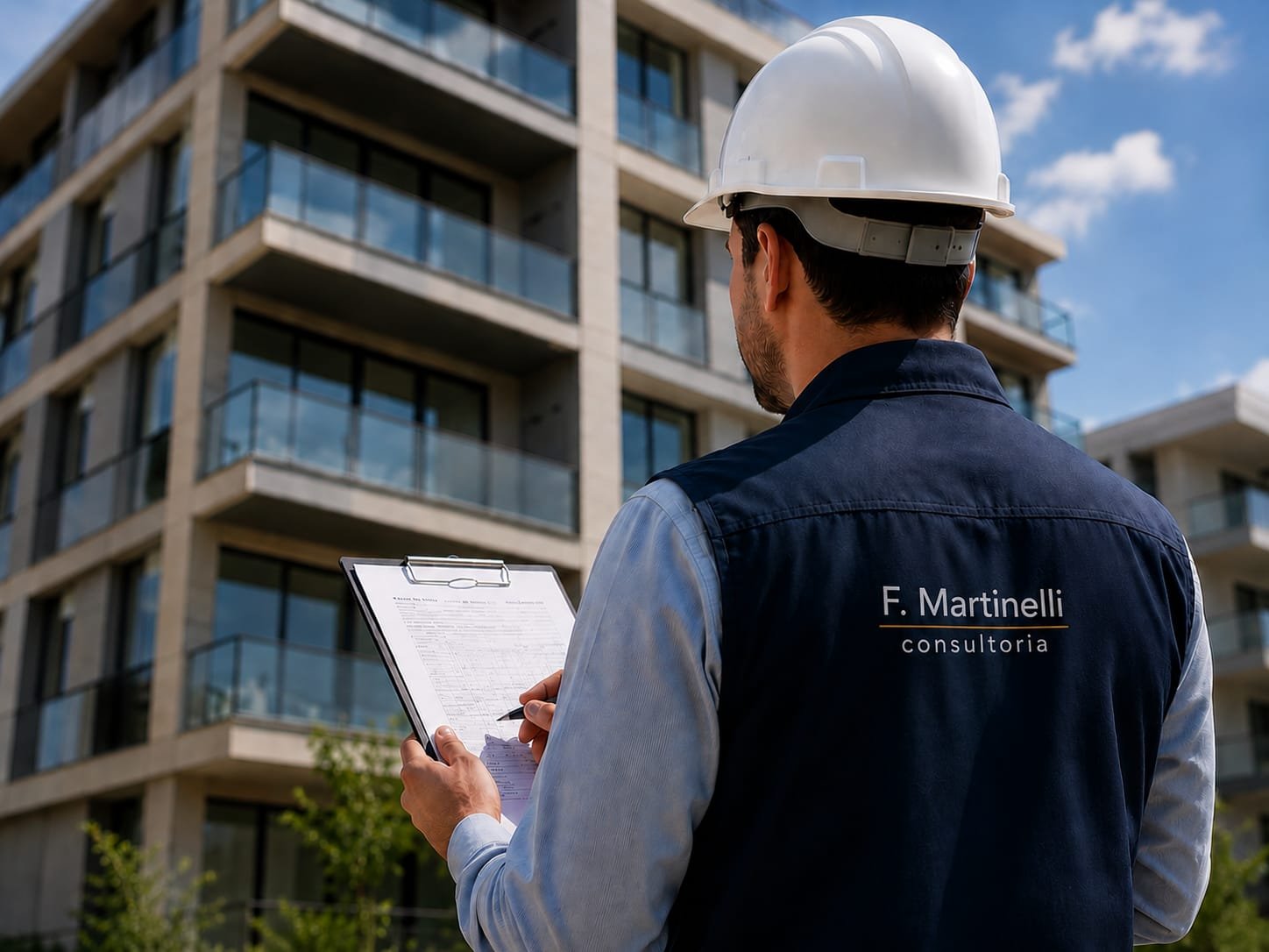 Engenheiro com capacete branco analisando edifício, segurando documentos e prancheta, vestindo colete F. Martinelli Consultoria