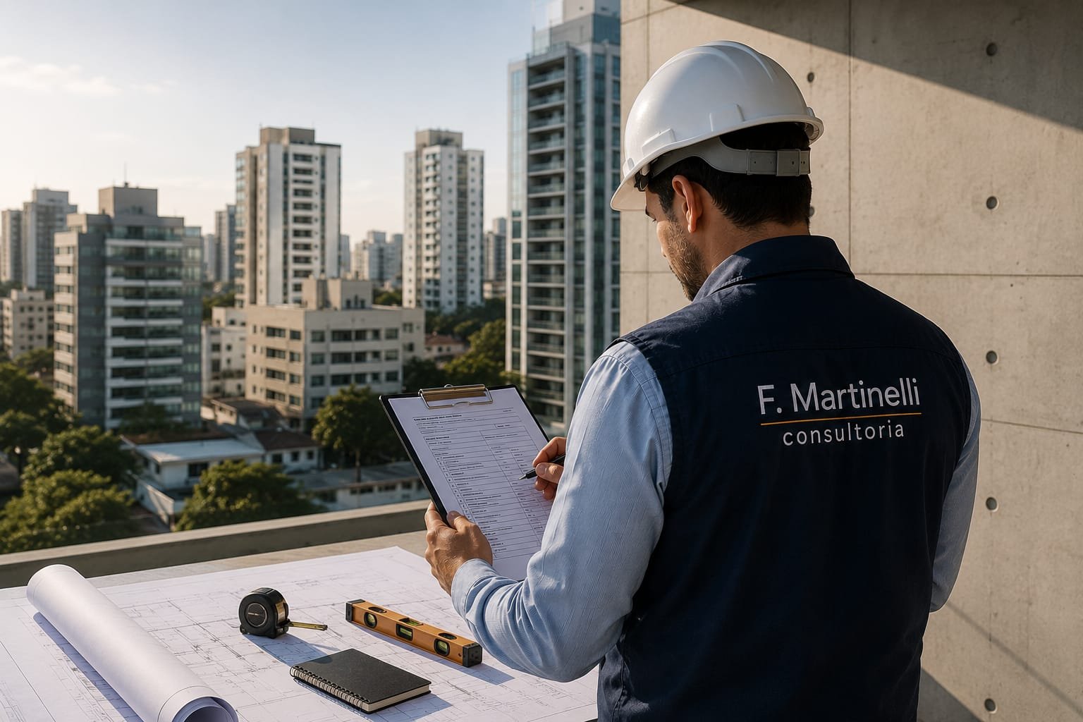 Engenheiro com capacete branco analisando documentos em prancheta, em terraço com vista da cidade ao fundo, vestindo colete F. Martinelli Consultoria